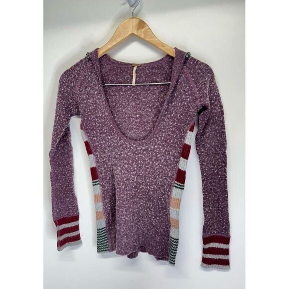 Free People Hooded Top Striped Sleeve Pullover Knit Sweater Purple XS Wool Blend - Picture 4 of 8